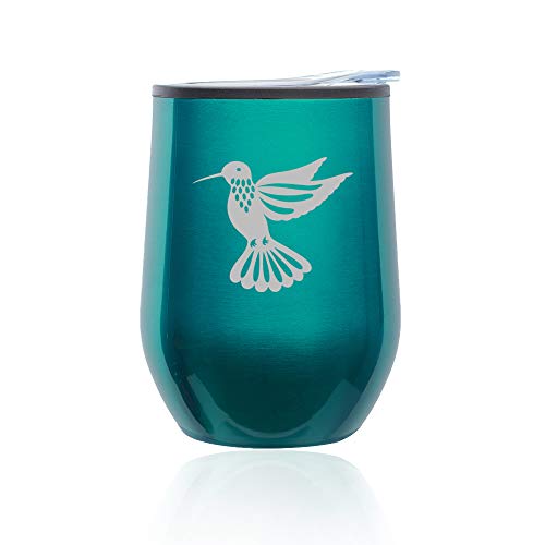 Stemless Wine Tumbler Coffee Travel Mug Glass With Lid Hummingbird (Turquoise Teal)