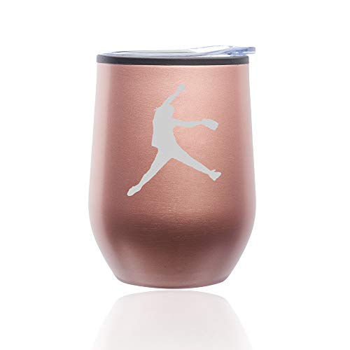 Stemless Wine Tumbler Coffee Travel Mug Glass With Lid Female Softball Pitcher (Rose Gold)