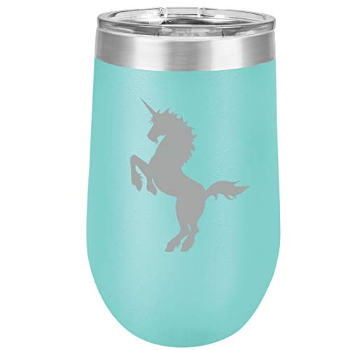 16 oz Double Wall Vacuum Insulated Stainless Steel Stemless Wine Tumbler Glass Coffee Travel Mug With Lid Unicorn (Teal)