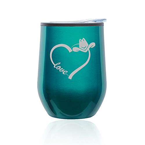 Stemless Wine Tumbler Coffee Travel Mug Glass With Lid Love Heart Country Cowgirl (Turquoise Teal)