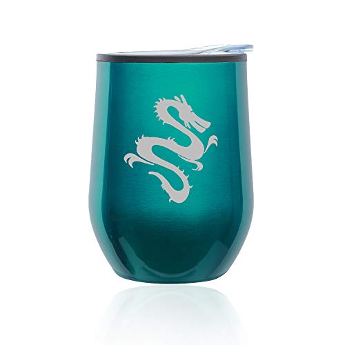 Stemless Wine Tumbler Coffee Travel Mug Glass With Lid Dragon (Turquoise Teal)