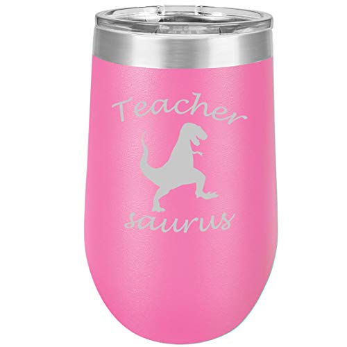 16 oz Double Wall Vacuum Insulated Stainless Steel Stemless Wine Tumbler Glass Coffee Travel Mug With Lid Teacher Saurus Funny T-Rex (Hot Pink)