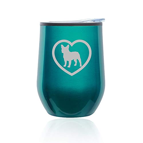 Stemless Wine Tumbler Coffee Travel Mug Glass With Lid French Bulldog Heart (Turquoise Teal)