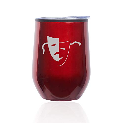 Stemless Wine Tumbler Coffee Travel Mug Glass With Lid Drama Mask (Red)