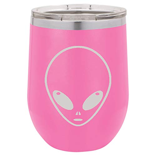 12 oz Double Wall Vacuum Insulated Stainless Steel Stemless Wine Tumbler Glass Coffee Travel Mug With Lid Alien Head (Hot-Pink)
