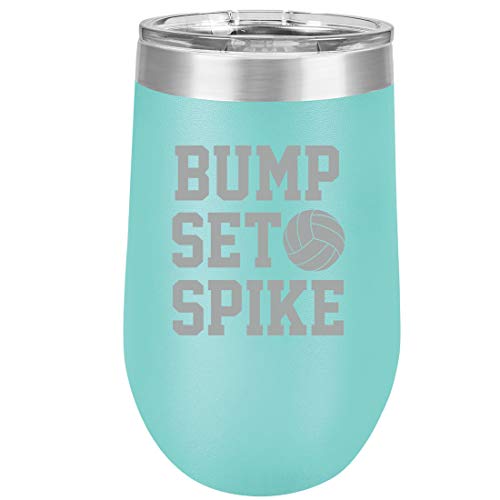 16 oz Double Wall Vacuum Insulated Stainless Steel Stemless Wine Tumbler Glass Coffee Travel Mug With Lid Bump Set Spike Volleyball (Teal)