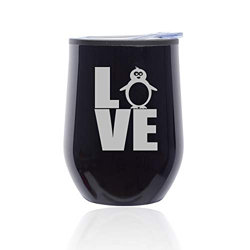 Stemless Wine Tumbler Coffee Travel Mug Glass With Lid Love Penguin (Midnight Black)