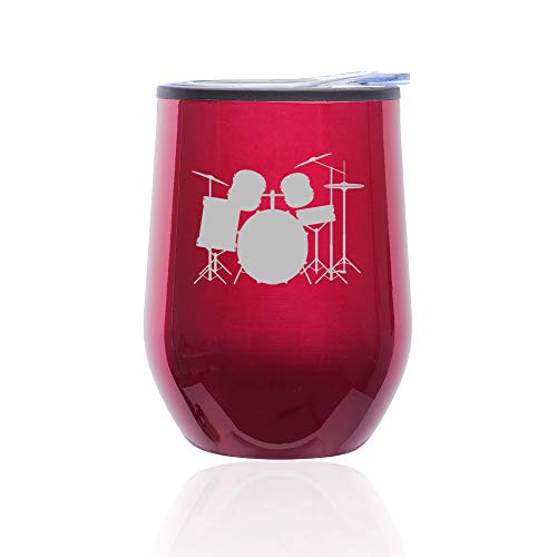 Stemless Wine Tumbler Coffee Travel Mug Glass With Lid Drum Set (Fuchsia)