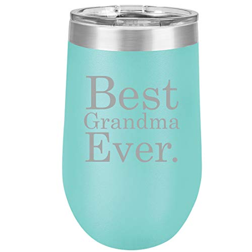 16 oz Double Wall Vacuum Insulated Stainless Steel Stemless Wine Tumbler Glass Coffee Travel Mug With Lid Best Grandma Ever (Teal)