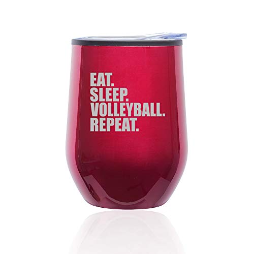 Stemless Wine Tumbler Coffee Travel Mug Glass With Lid Eat Sleep Volleyball Repeat (Fuchsia)