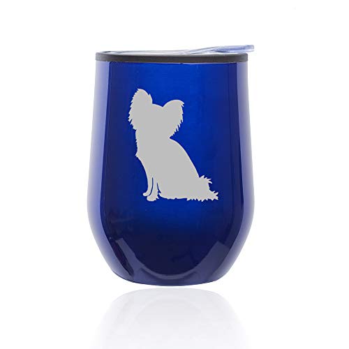 Stemless Wine Tumbler Coffee Travel Mug Glass With Lid Papillon (Blue)