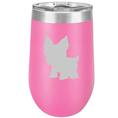 16 oz Double Wall Vacuum Insulated Stainless Steel Stemless Wine Tumbler Glass Coffee Travel Mug With Lid Yorkie (Hot Pink)