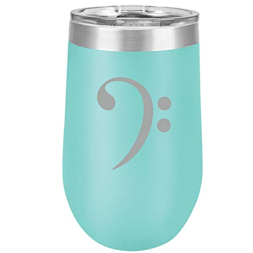 16 oz Double Wall Vacuum Insulated Stainless Steel Stemless Wine Tumbler Glass Coffee Travel Mug With Lid Bass Clef (Teal)