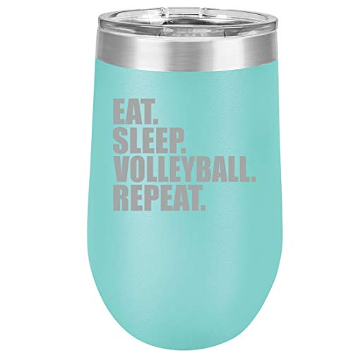 16 oz Double Wall Vacuum Insulated Stainless Steel Stemless Wine Tumbler Glass Coffee Travel Mug With Lid Eat Sleep Volleyball Repeat (Teal)