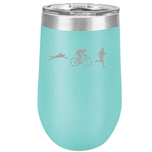 16 oz Double Wall Vacuum Insulated Stainless Steel Stemless Wine Tumbler Glass Coffee Travel Mug With Lid Iron Athlete Swim Bike Run Triathlon (Teal)
