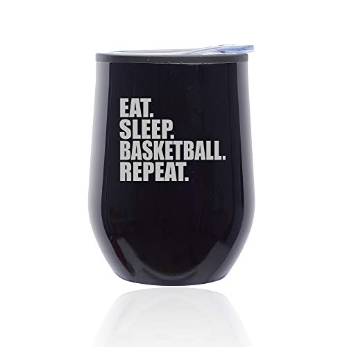 Stemless Wine Tumbler Coffee Travel Mug Glass With Lid Eat Sleep Basketball Repeat (Midnight Black)