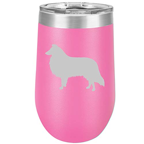16 oz Double Wall Vacuum Insulated Stainless Steel Stemless Wine Tumbler Glass Coffee Travel Mug With Lid Collie (Hot Pink)