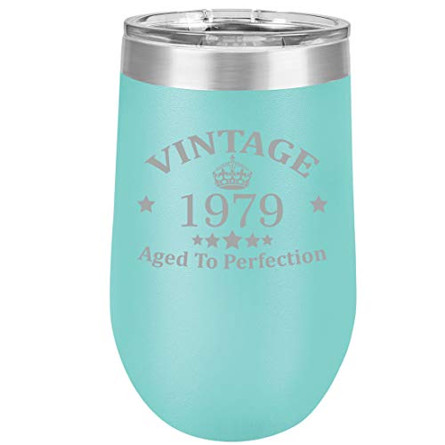 16 oz Double Wall Vacuum Insulated Stainless Steel Stemless Wine Tumbler Glass Coffee Travel Mug With Lid Vintage Aged To Perfection 1979 40th Birthday (Teal)