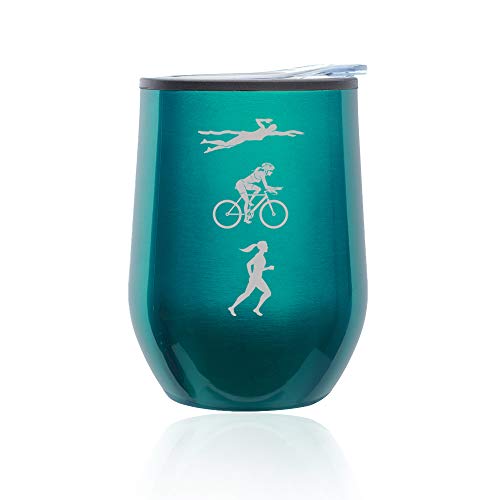 Stemless Wine Tumbler Coffee Travel Mug Glass With Lid Female Triathlon Swim Bike Run (Turquoise Teal)