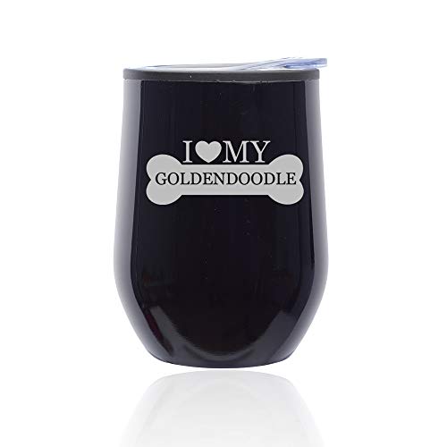 Stemless Wine Tumbler Coffee Travel Mug Glass With Lid I Love My Goldendoodle (Midnight Black)