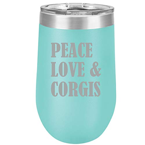 16 oz Double Wall Vacuum Insulated Stainless Steel Stemless Wine Tumbler Glass Coffee Travel Mug With Lid Peace Love & Corgis (Teal)