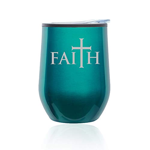 Stemless Wine Tumbler Coffee Travel Mug Glass With Lid Faith Cross (Turquoise Teal)