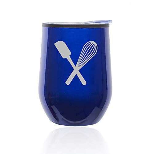 Stemless Wine Tumbler Coffee Travel Mug Glass With Lid Spatula & Whisk Baking (Blue)