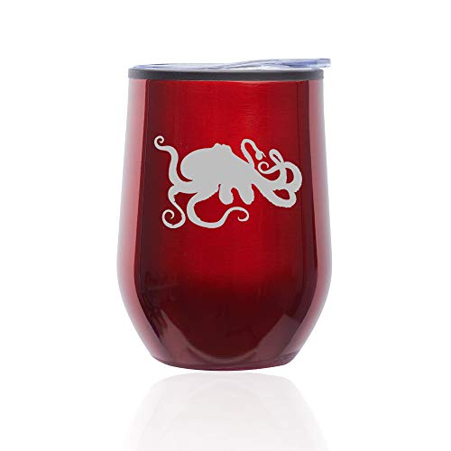 Stemless Wine Tumbler Coffee Travel Mug Glass With Lid Octopus And Tentacles (Red)