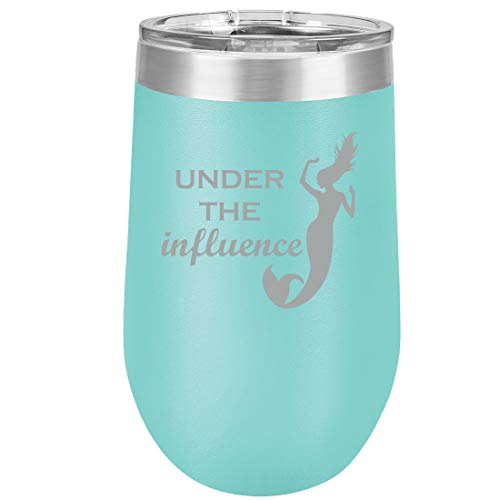 16 oz Double Wall Vacuum Insulated Stainless Steel Stemless Wine Tumbler Glass Coffee Travel Mug With Lid Under The Influence Mermaid Funny (Teal)