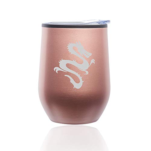 Stemless Wine Tumbler Coffee Travel Mug Glass With Lid Dragon (Rose Gold)