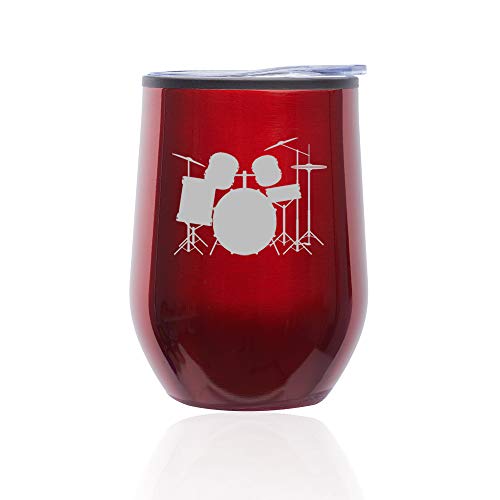 Stemless Wine Tumbler Coffee Travel Mug Glass With Lid Drum Set (Red)
