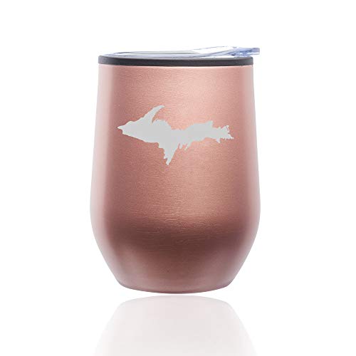 Stemless Wine Tumbler Coffee Travel Mug Glass With Lid Upper Peninsula Michigan (Rose Gold)