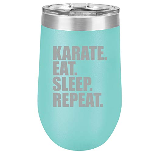 16 oz Double Wall Vacuum Insulated Stainless Steel Stemless Wine Tumbler Glass Coffee Travel Mug With Lid Karate Eat Sleep Repeat (Teal)
