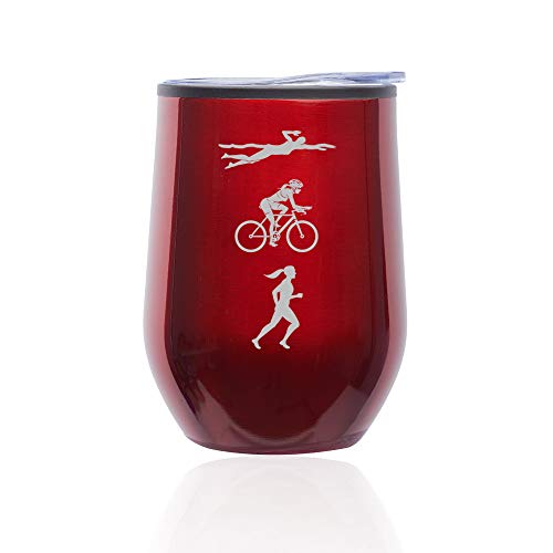 Stemless Wine Tumbler Coffee Travel Mug Glass With Lid Female Triathlon Swim Bike Run (Red)