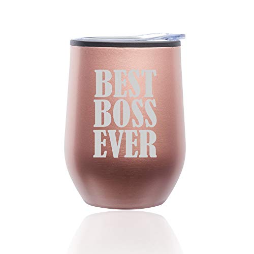 Stemless Wine Tumbler Coffee Travel Mug Glass With Lid Best Boss Ever (Rose Gold)