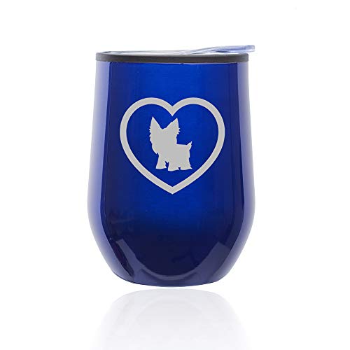 Stemless Wine Tumbler Coffee Travel Mug Glass With Lid Yorkie Heart (Blue)