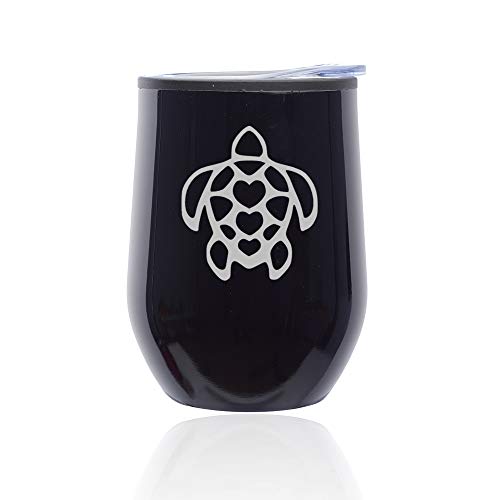 Stemless Wine Tumbler Coffee Travel Mug Glass With Lid Turtle Hearts (Midnight Black)