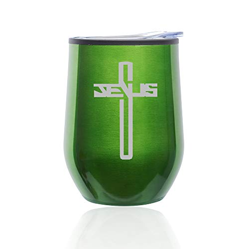 Stemless Wine Tumbler Coffee Travel Mug Glass With Lid Jesus Cross (Green)