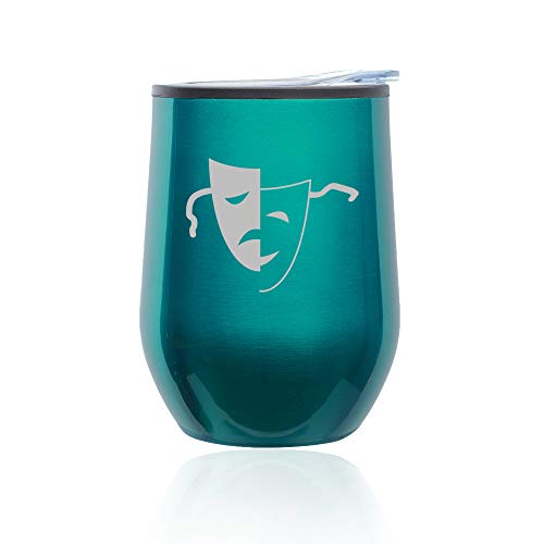 Stemless Wine Tumbler Coffee Travel Mug Glass With Lid Drama Mask (Turquoise Teal)