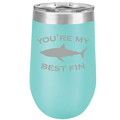 16 oz Double Wall Vacuum Insulated Stainless Steel Stemless Wine Tumbler Glass Coffee Travel Mug With Lid You're My Best Fin Friend Shark (Teal)