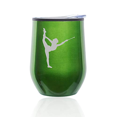 Stemless Wine Tumbler Coffee Travel Mug Glass With Lid Female Gymnast Twirling Baton Gymnastics (Green)