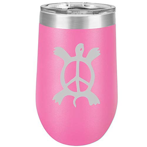 16 oz Double Wall Vacuum Insulated Stainless Steel Stemless Wine Tumbler Glass Coffee Travel Mug With Lid Turtle Peace Sign (Hot Pink)