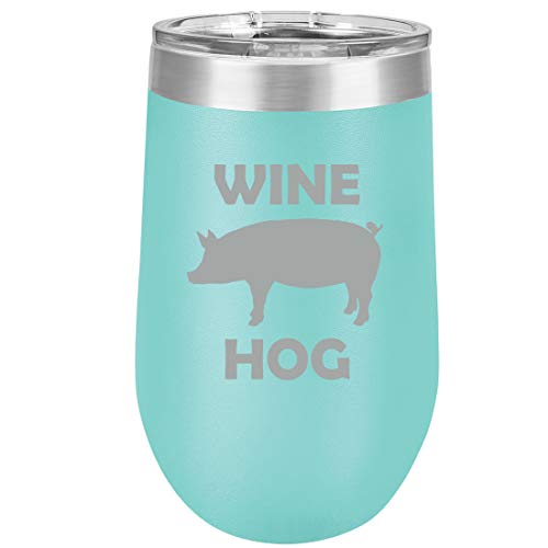 16 oz Double Wall Vacuum Insulated Stainless Steel Stemless Wine Tumbler Glass Coffee Travel Mug With Lid Wine Hog Pig Funny (Teal)