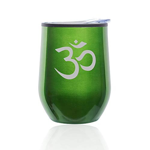 Stemless Wine Tumbler Coffee Travel Mug Glass With Lid Yoga Symbol (Green)