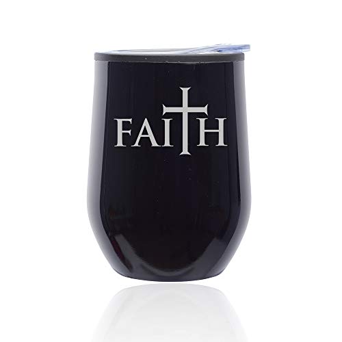 Stemless Wine Tumbler Coffee Travel Mug Glass With Lid Faith Cross (Midnight Black)