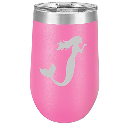 16 oz Double Wall Vacuum Insulated Stainless Steel Stemless Wine Tumbler Glass Coffee Travel Mug With Lid Mermaid (Hot Pink)