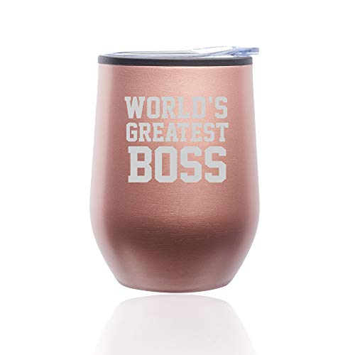 Stemless Wine Tumbler Coffee Travel Mug Glass With Lid World's Greatest Boss (Rose Gold)