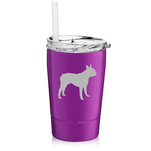 12 oz Tumbler Double Wall Stainless Steel Vacuum Insulated Coffee Travel Mug With Straw Boston Terrier (Purple)