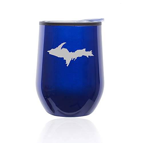 Stemless Wine Tumbler Coffee Travel Mug Glass With Lid Upper Peninsula Michigan (Blue)