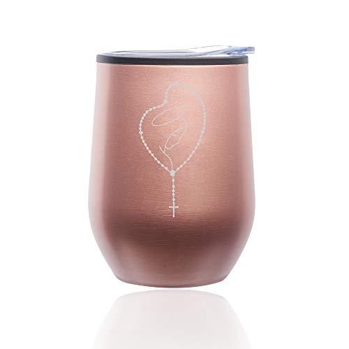 Stemless Wine Tumbler Coffee Travel Mug Glass With Lid Rosary Mary (Rose Gold)